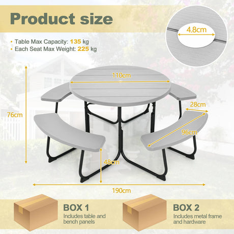 8-person 43" Outdoor Round Picnic Table Set with Umbrella Hole-Gray