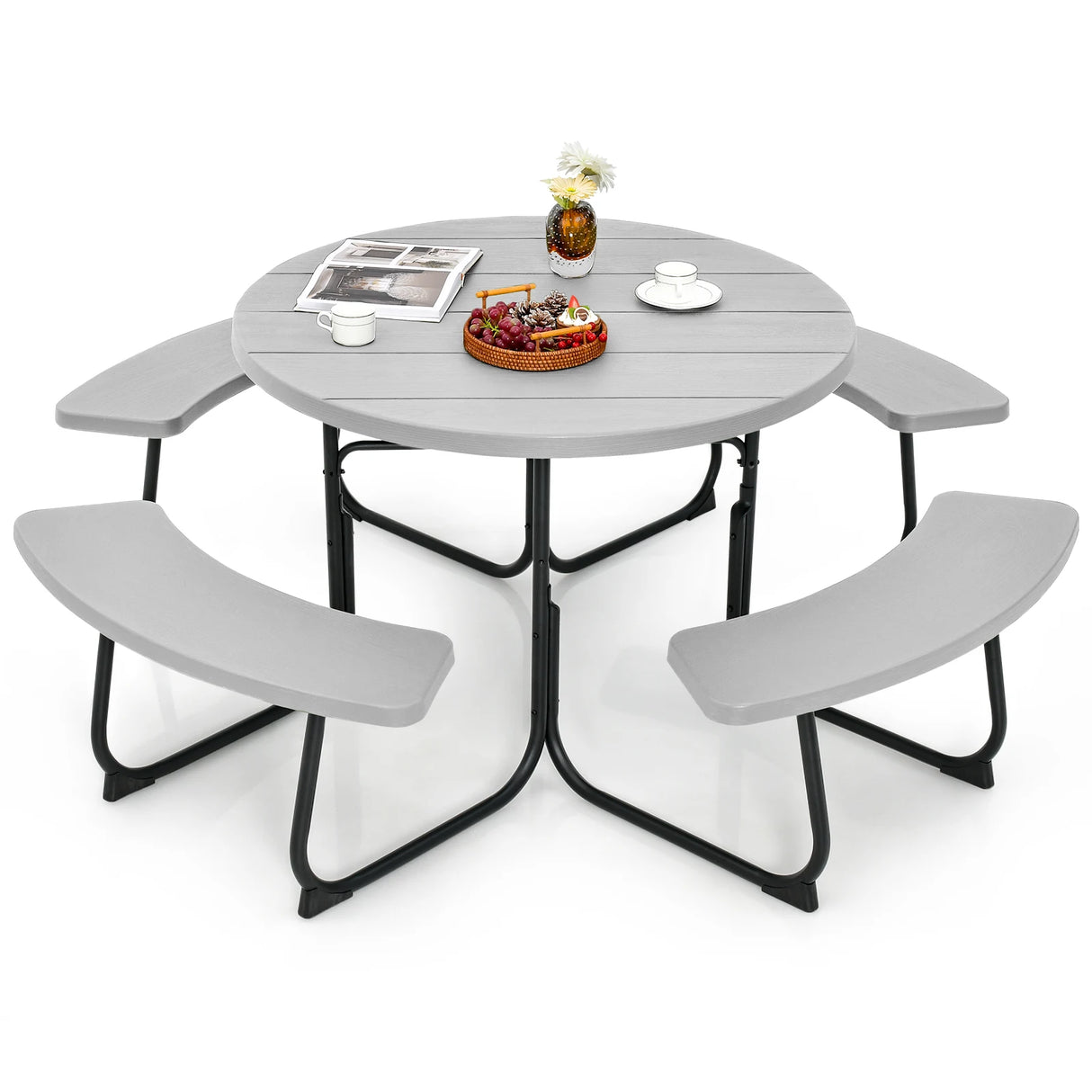 8-person 43" Outdoor Round Picnic Table Set with Umbrella Hole-Gray