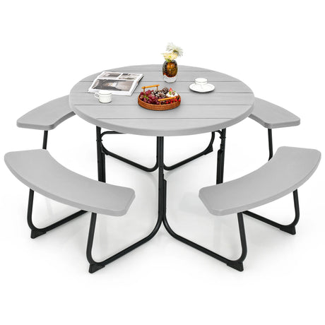 8-person 43" Outdoor Round Picnic Table Set with Umbrella Hole-Gray