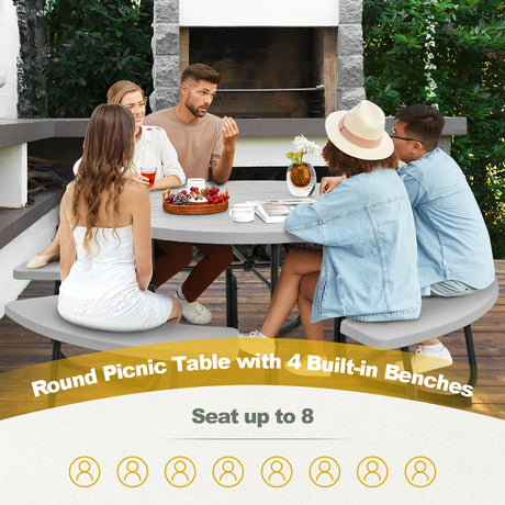 8-person 43" Outdoor Round Picnic Table Set with Umbrella Hole-Gray