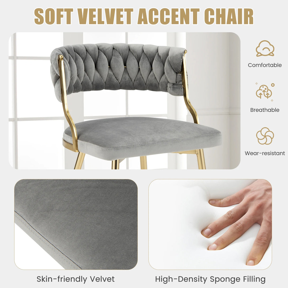 Upholstered Dining Chairs with Golden Metal Legs for Living Room-Gray