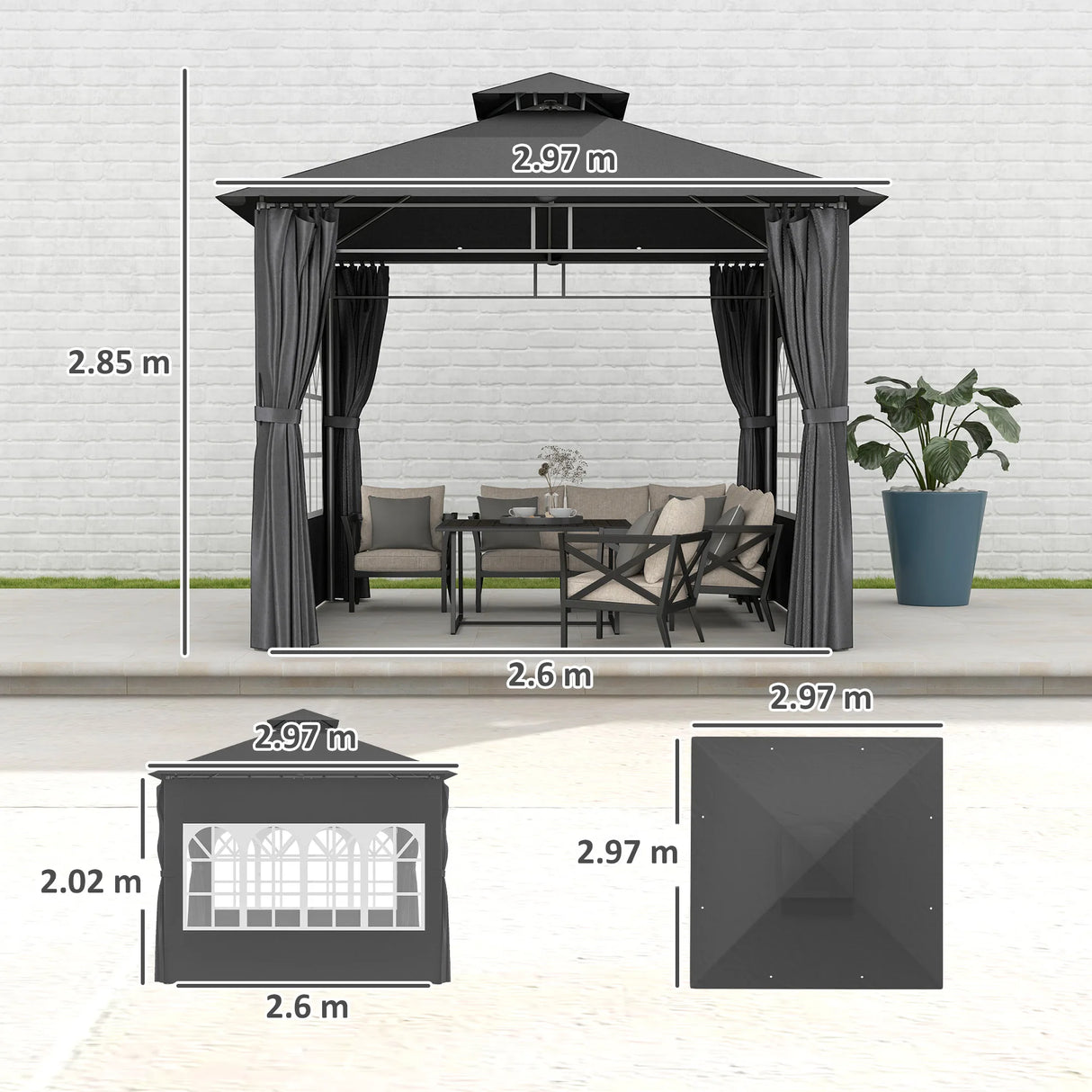 Outsunny 3 x 3 m Garden Gazebo, Double Roof Metal Gazebo with Removable Sidewalls and Church Windows, Outdoor Canopy Shelter, Dark Grey