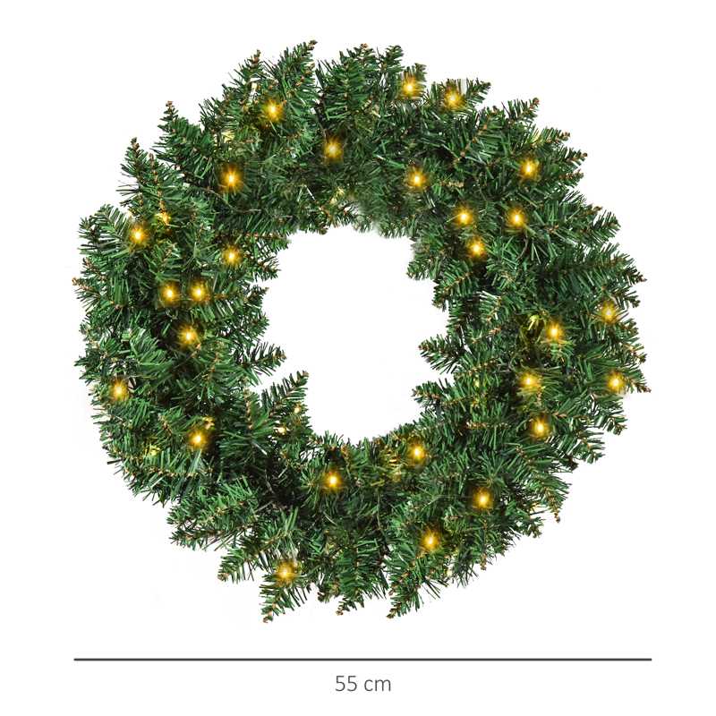 HOMCOM 55CM Pre-lit Christmas Wreath with 50 Warm White LED Ideal Xmas Artificial Door Decoration