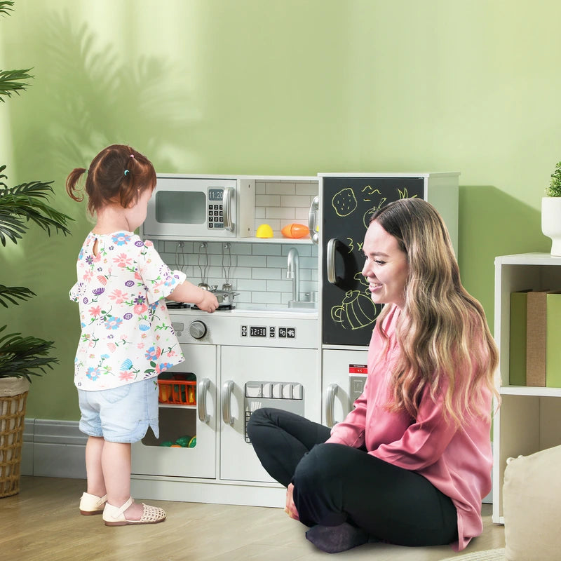 AIYAPLAY Pretend Play Kitchen, Kids Kitchen Playset, with Toy Phone, Chalkboard, Microwave, Cooking Stove, Sink, White