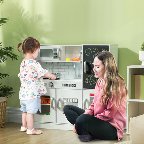 AIYAPLAY Pretend Play Kitchen, Kids Kitchen Playset, with Toy Phone, Chalkboard, Microwave, Cooking Stove, Sink, White
