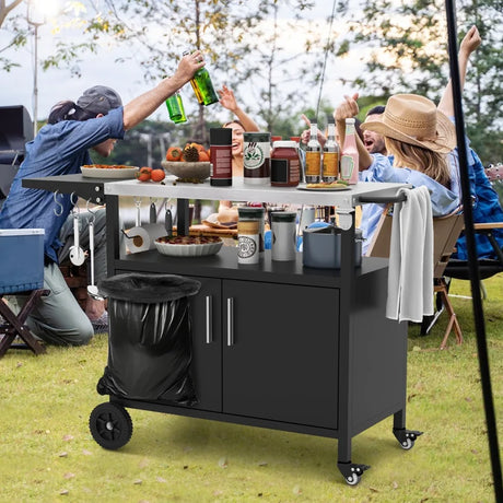 Grill Cart with Storage and Folding Stainless Steel Top-Black