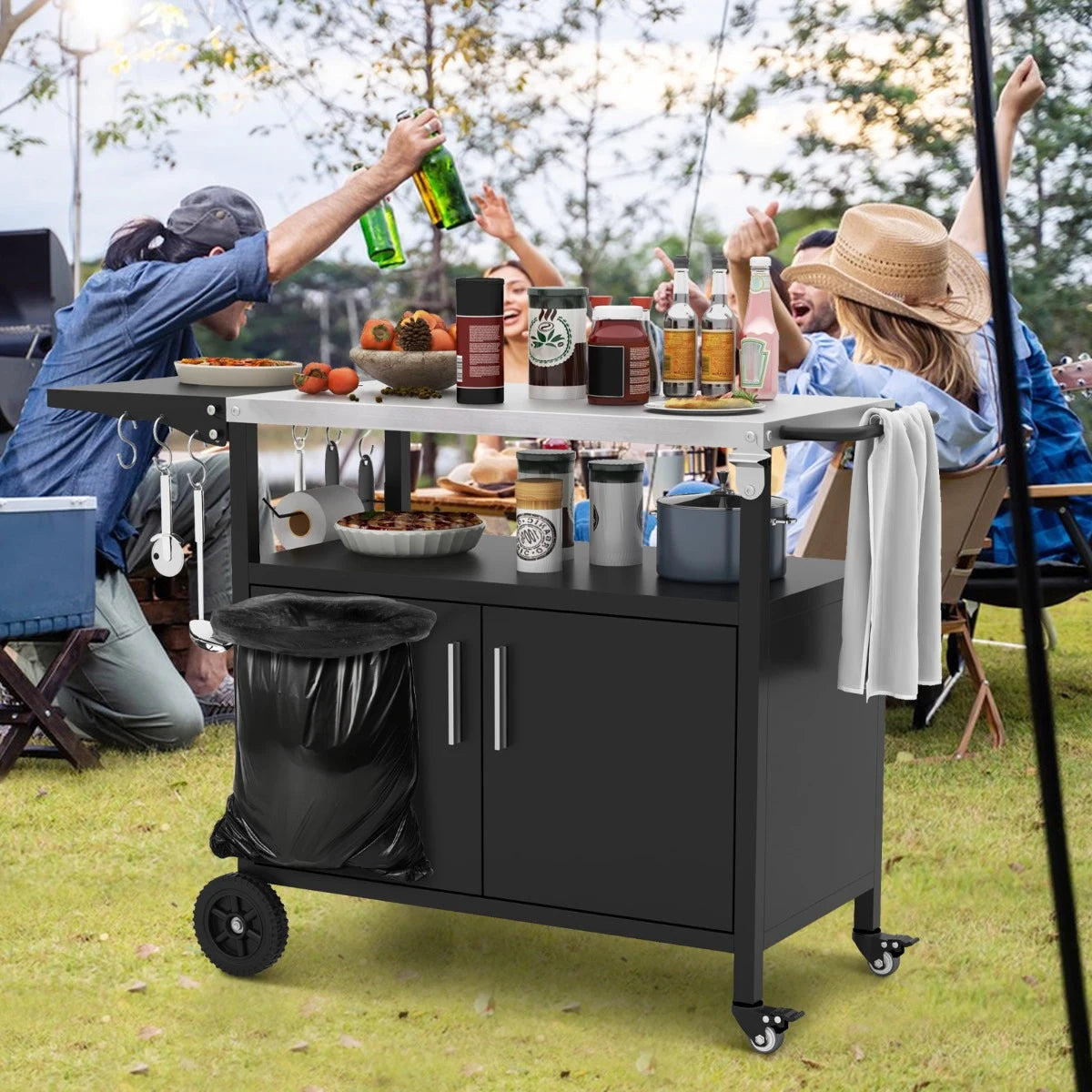 Grill Cart with Storage and Folding Stainless Steel Top-Black