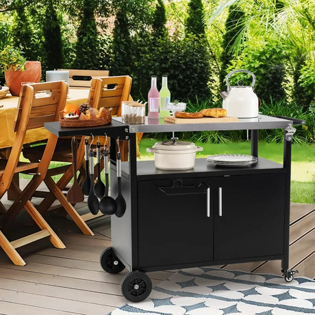 Grill Cart with Storage and Folding Stainless Steel Top-Black