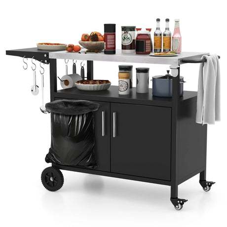 Grill Cart with Storage and Folding Stainless Steel Top-Black