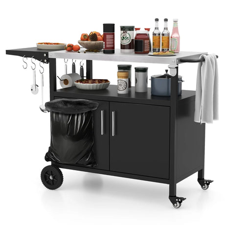 Grill Cart with Storage and Folding Stainless Steel Top-Black