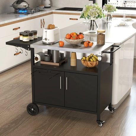 Grill Cart with Storage and Folding Stainless Steel Top-Black