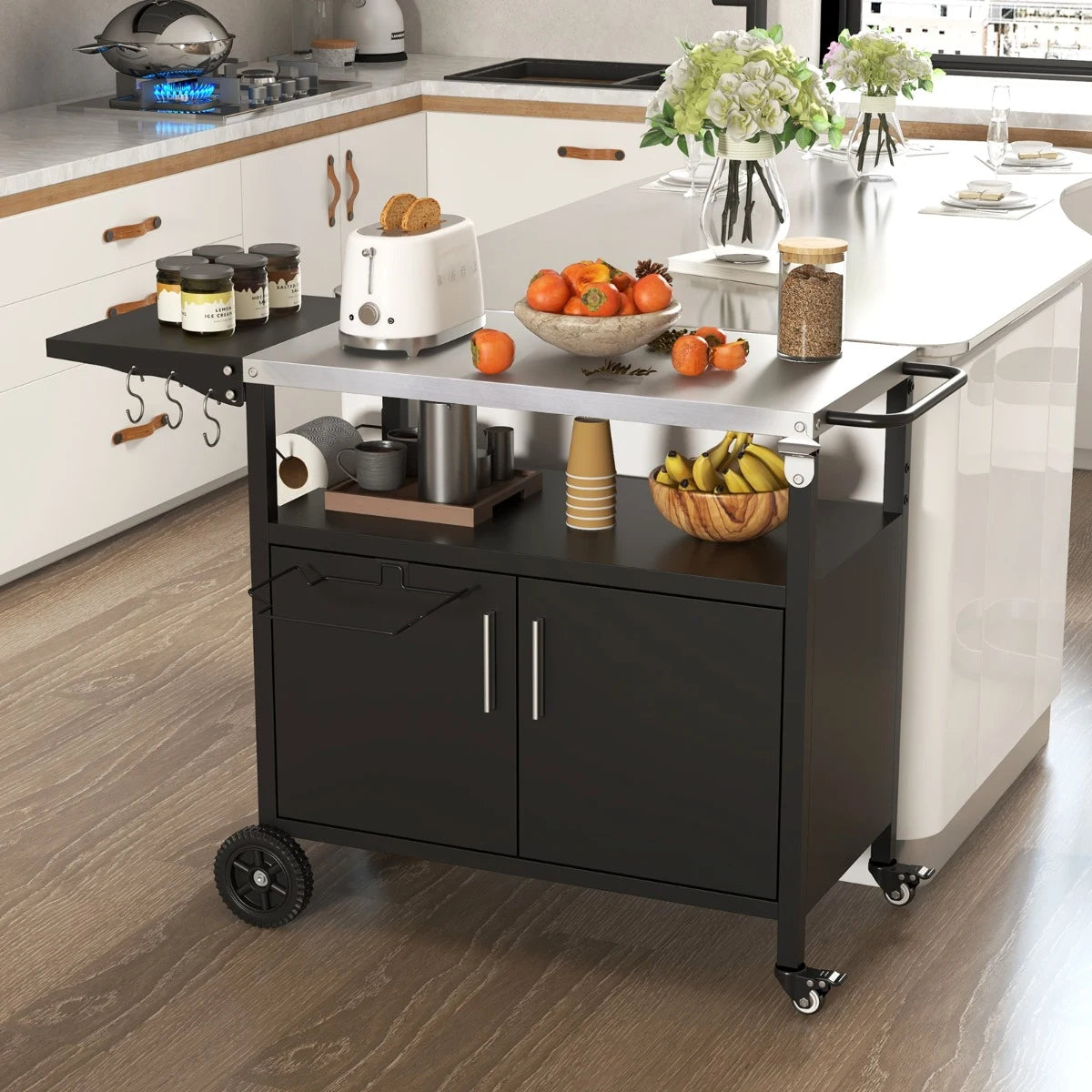 Grill Cart with Storage and Folding Stainless Steel Top-Black