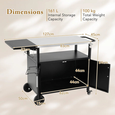 Grill Cart with Storage and Folding Stainless Steel Top-Black