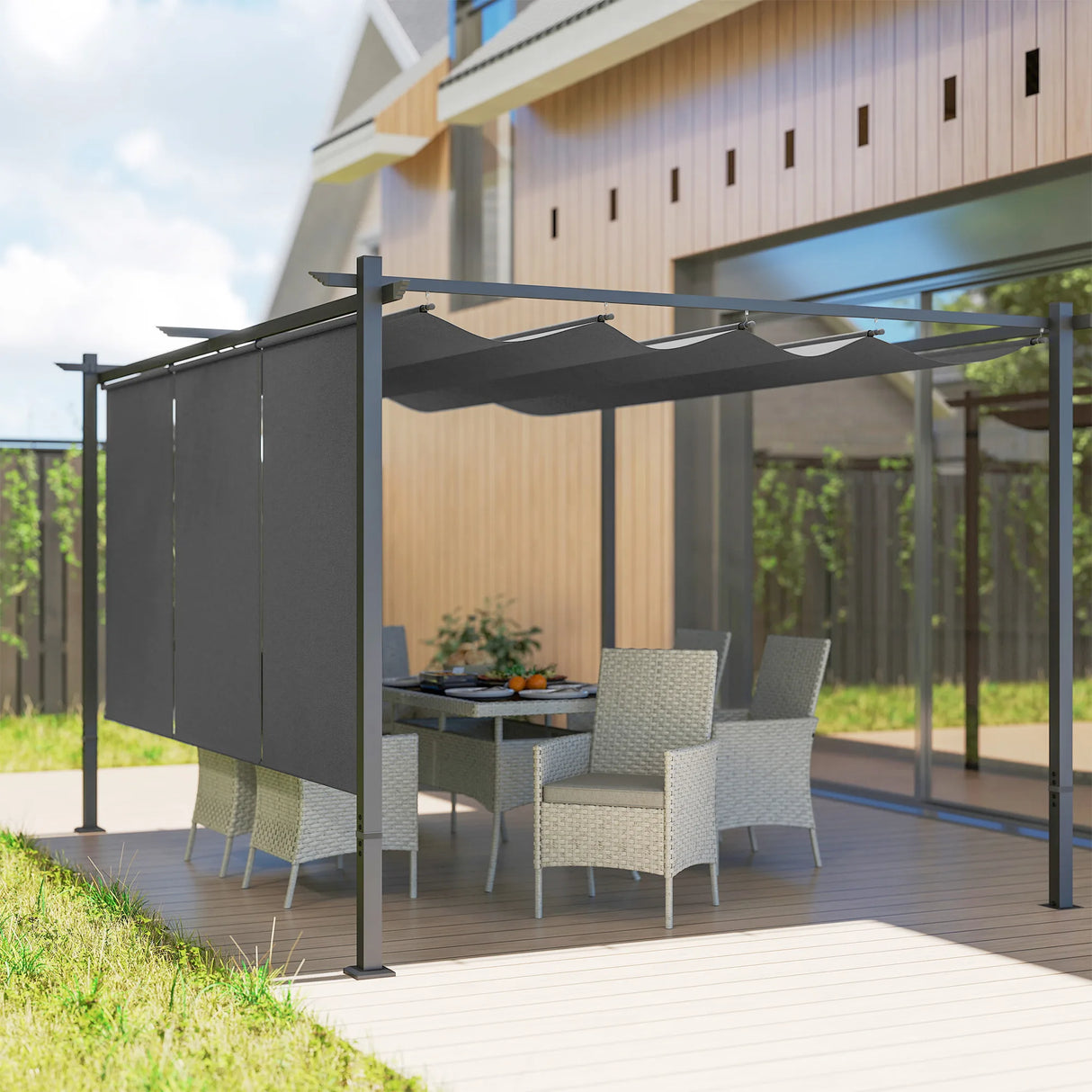 Outsunny 3 x 4m Metal Pergola with Retractable Roof and Roller Shade, Wall-Mounted or Free Standing Garden Gazebo Canopy Pergola Kit, UPF30+ Outdoor Sun Shade Shelter, Grey