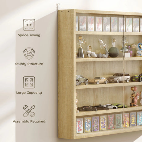 HOMCOM 5-Tier Wall Display Shelf Unit Cabinet w/ 4 Adjustable Shelves Glass Doors Home Office Ornaments 60x80cm Oak