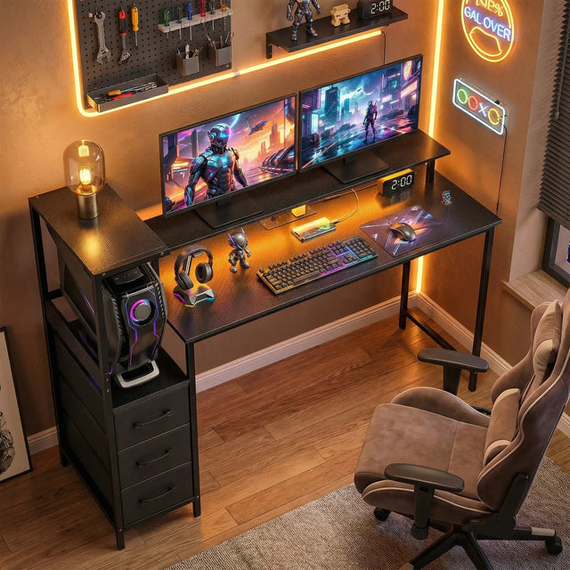 HOMCOM 147cm Gaming Desk with Charging Station and Monitor Stand, Computer Table for Home Office with RGB Lights, Black
