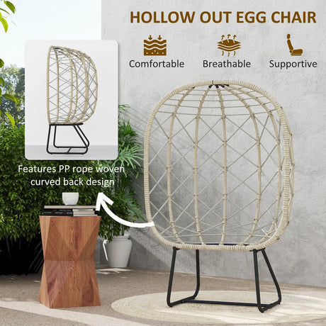 Outsunny Rattan Egg Chair Outdoor Indoor Wicker Chair with Thickened Cushion and Headrest, Standing Garden Egg Chair with Cup Holder, Metal Frame for Patio, Balcony, Grey