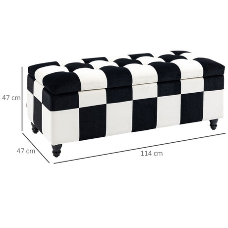 HOMCOM 114 x 47 x 47cm Velvet Storage Ottoman, Button-tufted Footstool Box, Toy Chest with Lid for Living Room, Bedroom, White and Black