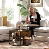 HOMCOM Lift Top Coffee Table, Round Coffee Table with Storage Shelf, Hidden Compartment and Steel Frame for Living Room, Home Office, Brown