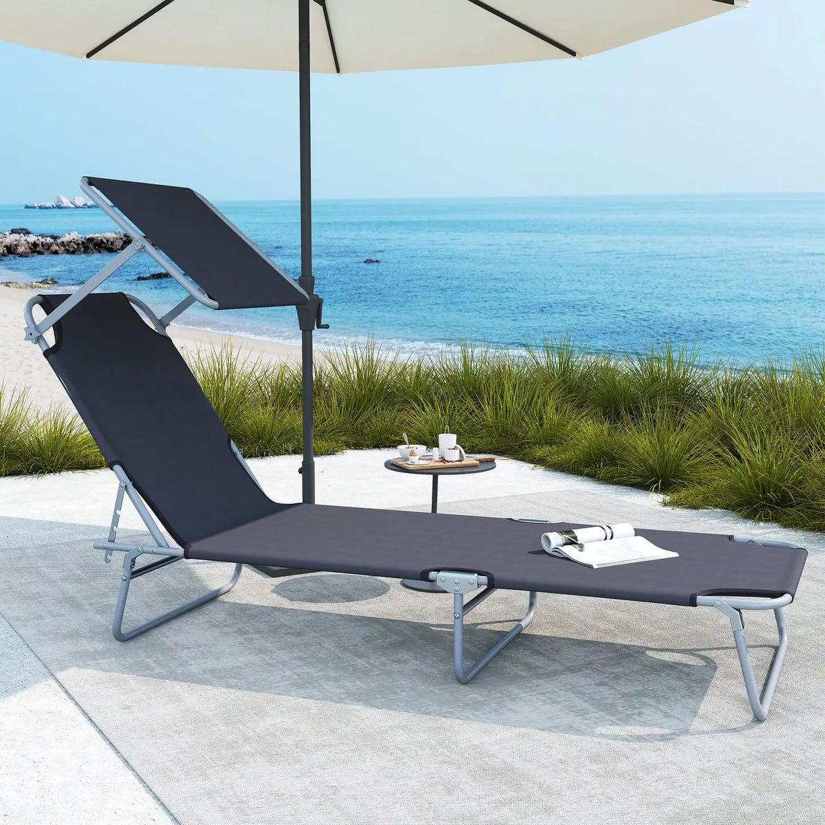 Outsunny Outdoor Foldable Sun Lounger, 4 Level Adjustable Backrest Reclining Sun Lounger Chair with Angle Adjust Sun Shade Awning for Beach, Garden, Patio, Grey