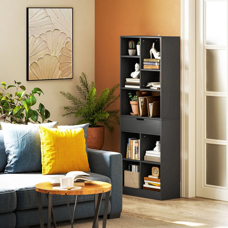 HOMCOM Tall Bookshelf with Drawer, Freestanding Bookcase for Bedroom, Living Room, Home Office, Black