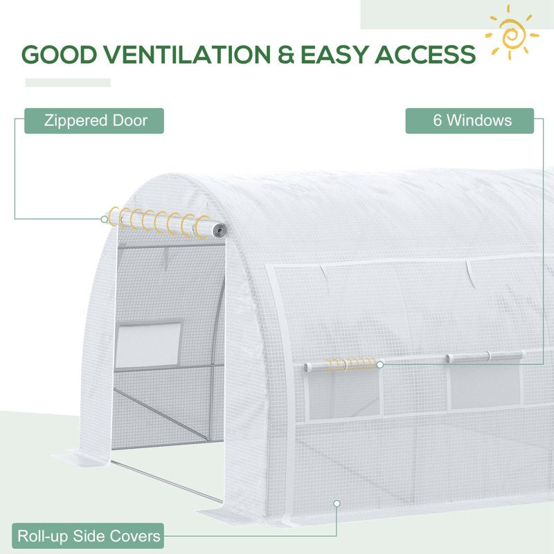 Outsunny 3 x 3 x 2 m Polytunnel Greenhouse with Roll-up Side Walls, Walk-in Grow House Tent with Steel Frame, Reinforced Cover, Zipped Door and 6 Mesh Windows for Garden, White