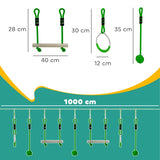AIYAPLAY 3 Piece Kids Zip Line Kit for Garden, 10m Kids Slackline Kit with Wooden Monkey Bars, Metal Rings, Gripping Balls, Green