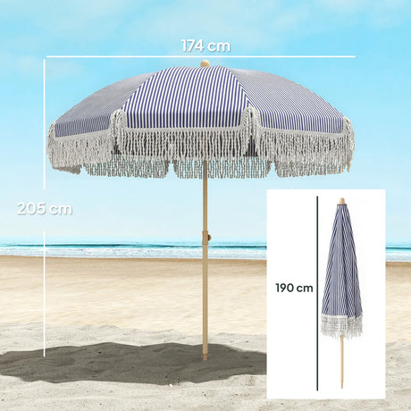 Outsunny 1.7 m Beach Umbrella with Sand Anchor, 30 Tilting Fringed Beach Garden Parasol with Adjustable Height, Blue