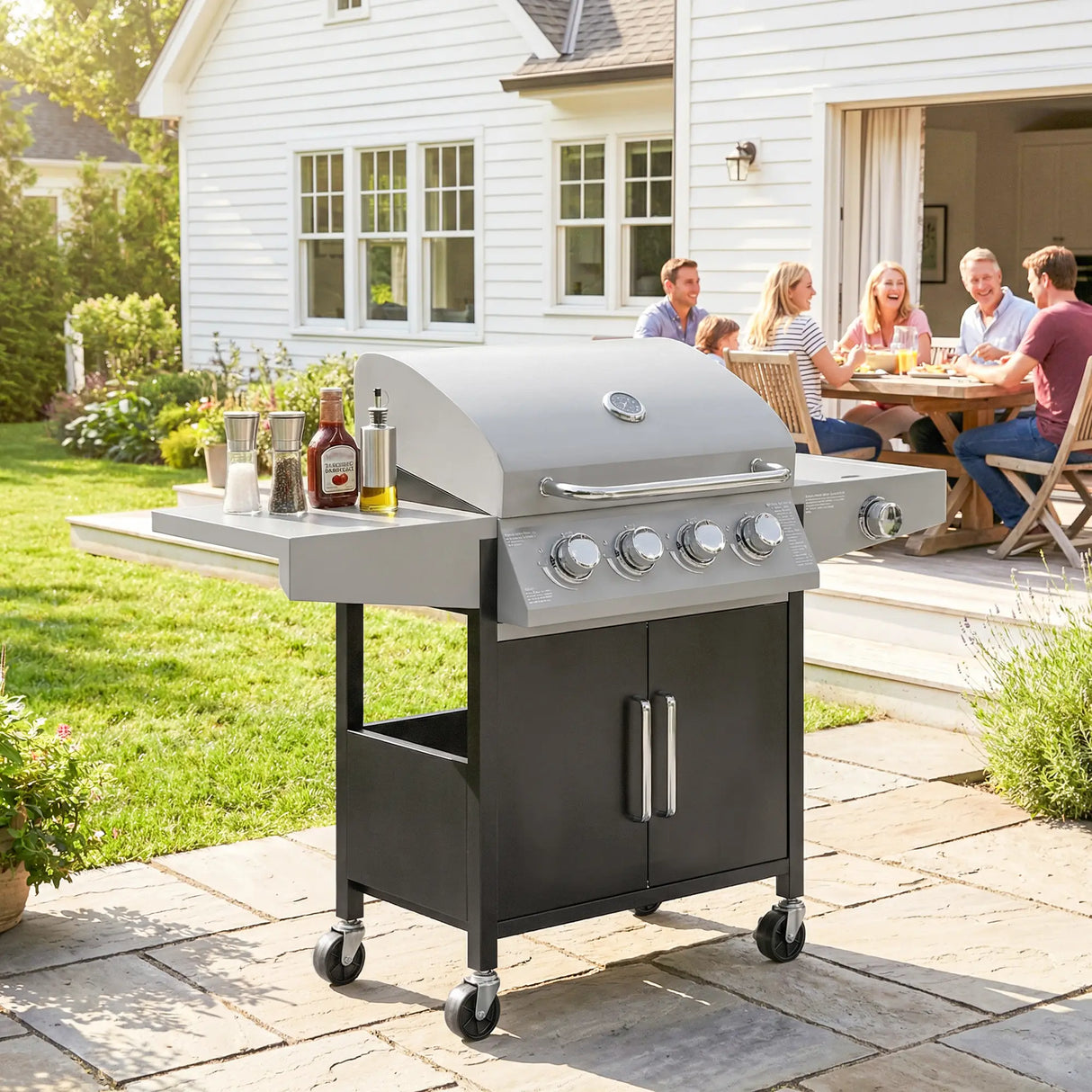 Outsunny 4+1 Burner Gas BBQ Grill with Side Burner, 50000 BTU Steel Portable Gas Barbecue Grill with Built-in Thermometer, Lid