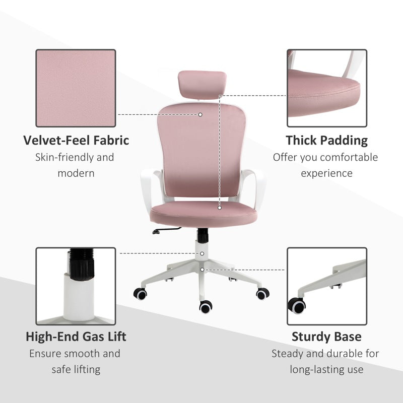 Vinsetto Office Chair, Ergonomic Desk Chair, High Back Velvet Fabric Computer Chair with Adjustable & Liftable Headrest for Home, Pink