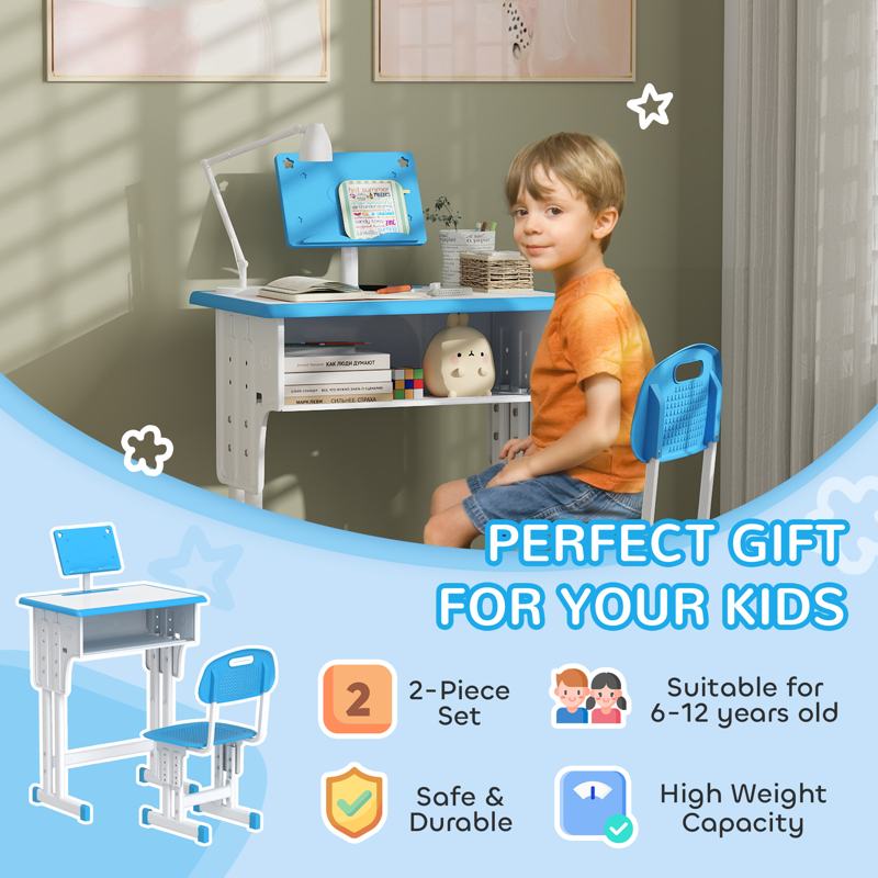 HOMCOM Kids Adjustable Desk and Chair Set, Book Stand, Pen Slot - Blue