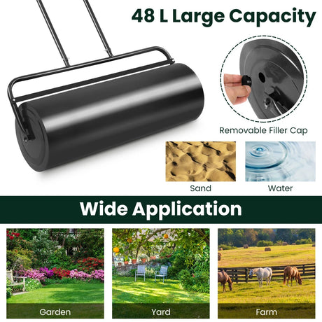 24 x 13 Inch Tow Lawn Roller Water Filled Metal Push Roller-Black