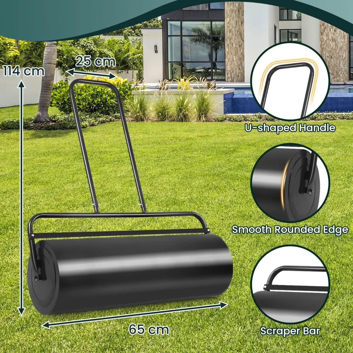 24 x 13 Inch Tow Lawn Roller Water Filled Metal Push Roller-Black