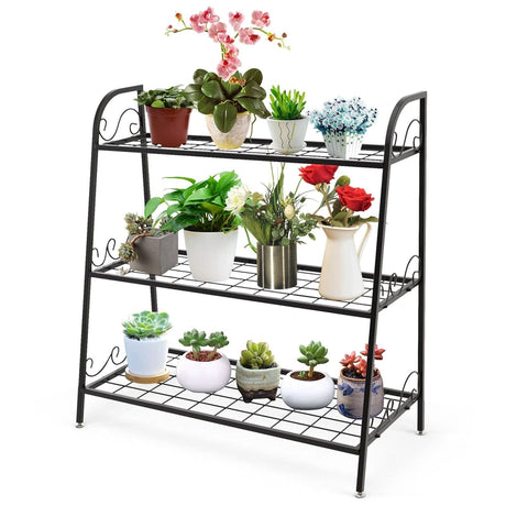 3-Tier Metal Plant Stand with Adjustable Feet for Indoor & Outdoor