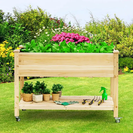 Wood Elevated Planter Bed with Lockable Wheels Shelf and Liner