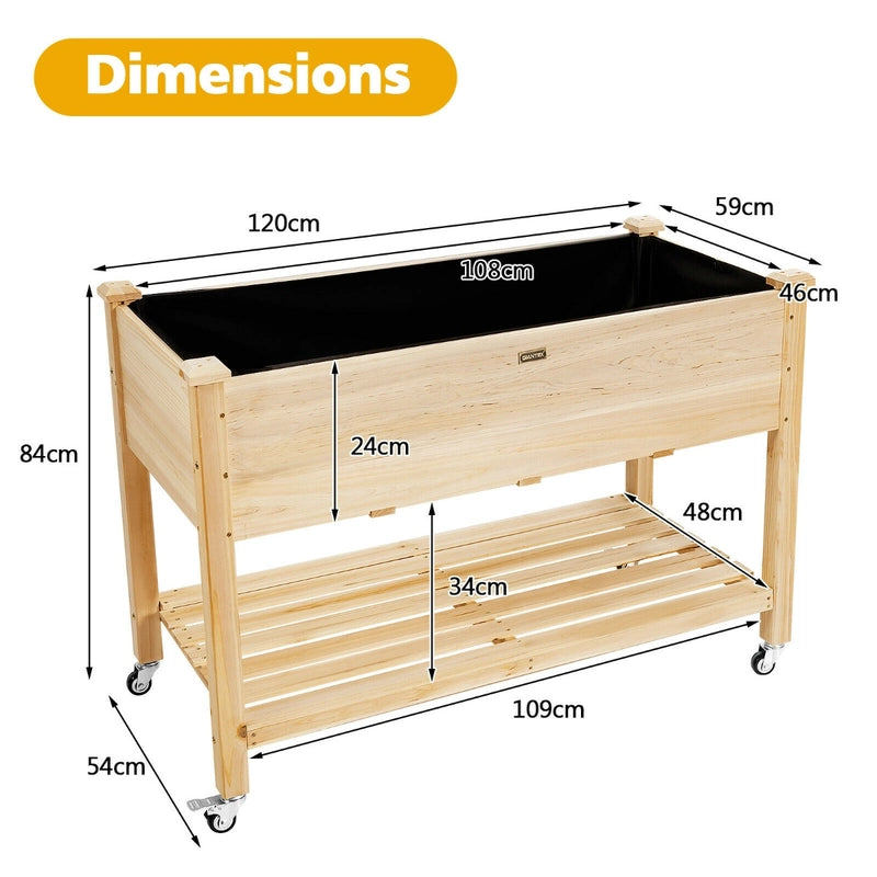 Wood Elevated Planter Bed with Lockable Wheels Shelf and Liner