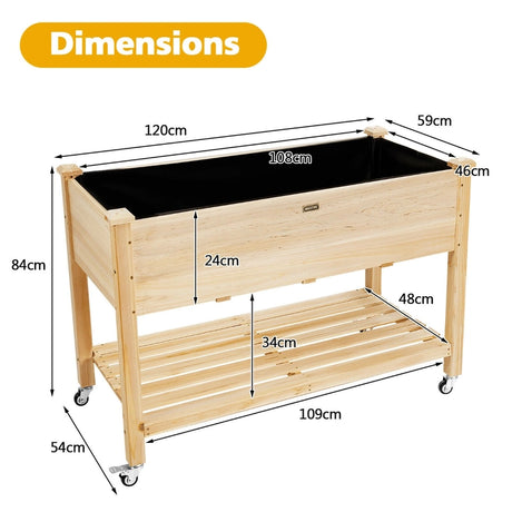 Wood Elevated Planter Bed with Lockable Wheels Shelf and Liner