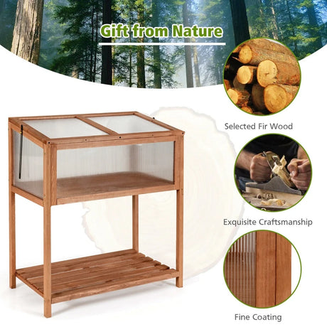 Outdoor Wooden Cold Frame with Slatted Shelf and Tilted Top Cover