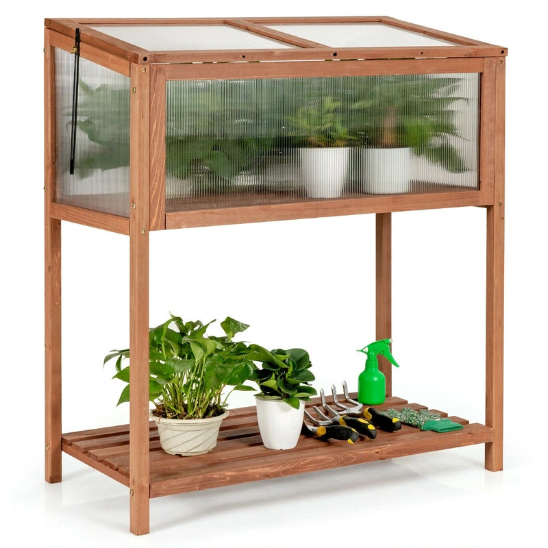 Outdoor Wooden Cold Frame with Slatted Shelf and Tilted Top Cover