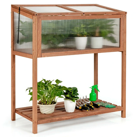 Outdoor Wooden Cold Frame with Slatted Shelf and Tilted Top Cover