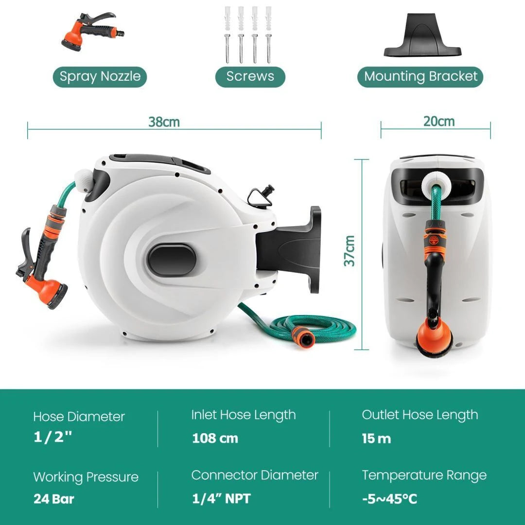 15+1M and 20+2M Wall Mounted Hose Reel Retractable Auto Rewind Watering-15+1M