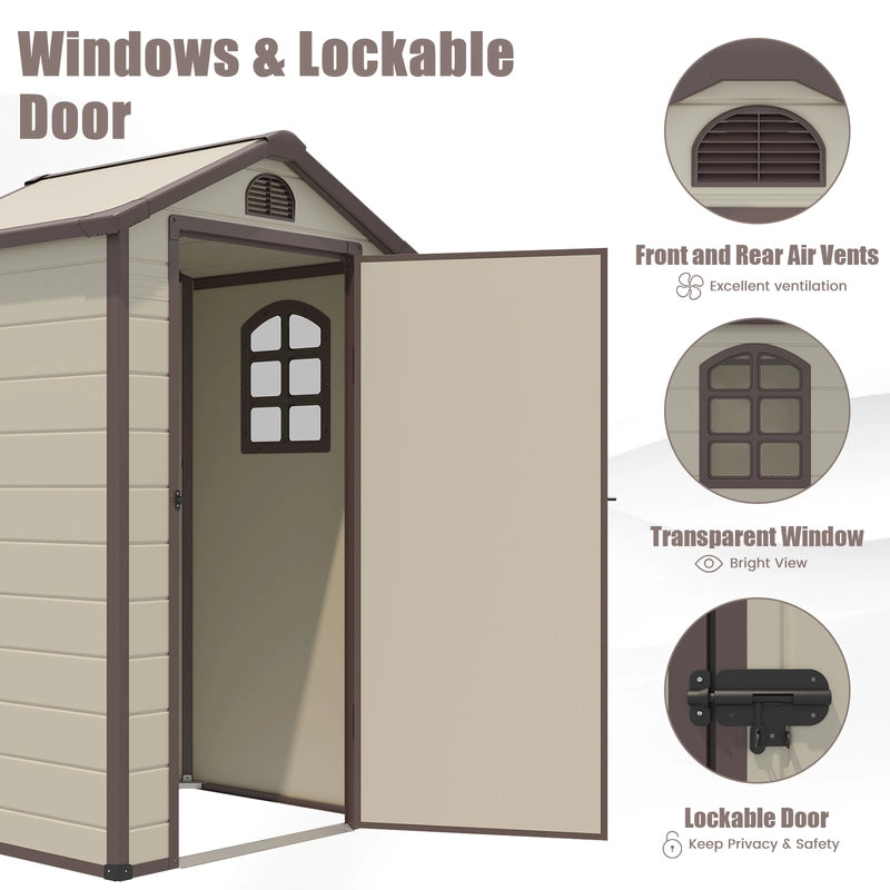 Outdoor Storage Shed with Lockable Door Window and Air Vents-Beige