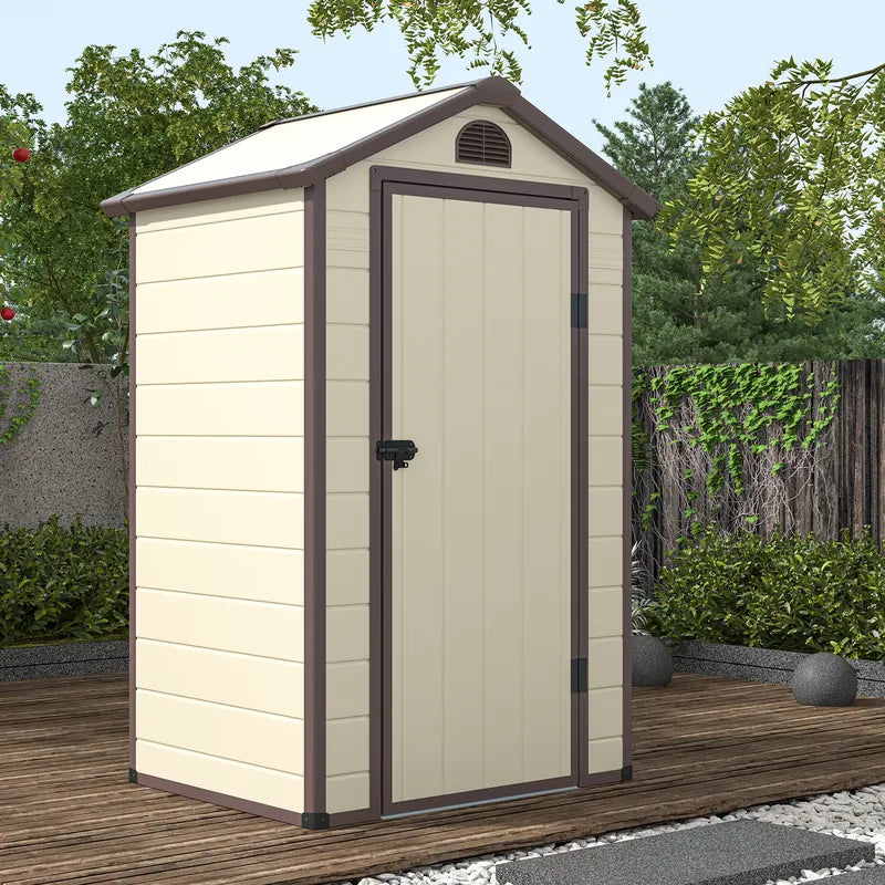 Outdoor Storage Shed with Lockable Door Window and Air Vents-Beige