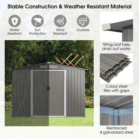 Galvanized steel tool shed with foundation &amp; double doors &amp; ramp 260 x 207 x 180 cm grey