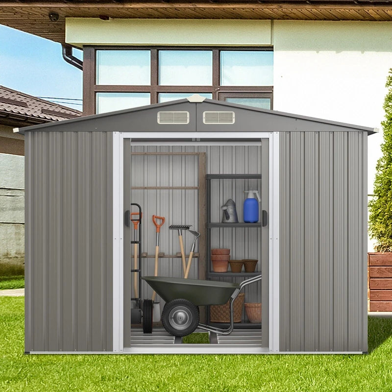 Galvanized steel tool shed with foundation &amp; double doors &amp; ramp 260 x 207 x 180 cm grey