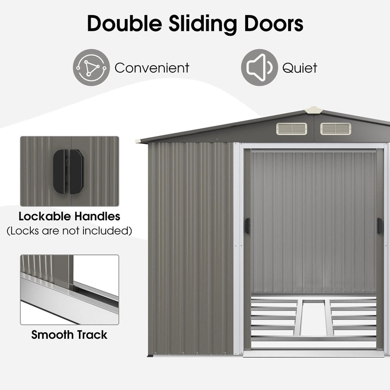 Galvanized steel tool shed with foundation &amp; double doors &amp; ramp 260 x 207 x 180 cm grey
