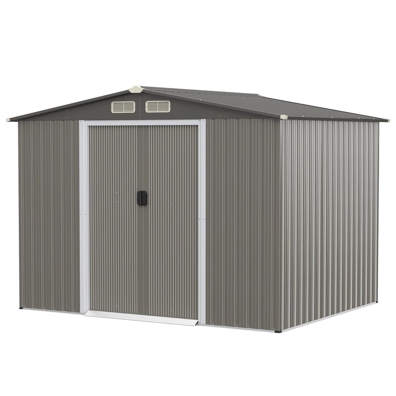 Galvanized steel tool shed with foundation &amp; double doors &amp; ramp 260 x 207 x 180 cm grey