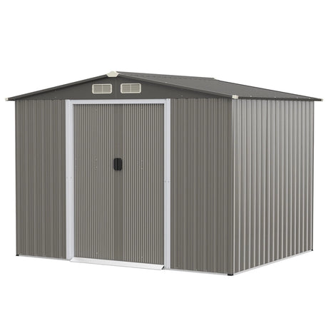 Galvanized steel tool shed with foundation &amp; double doors &amp; ramp 260 x 207 x 180 cm grey