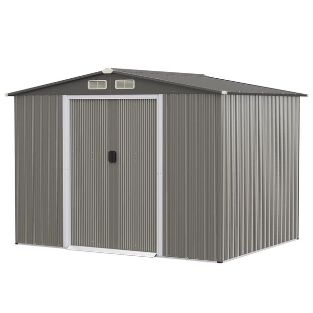 Galvanized steel tool shed with foundation &amp; double doors &amp; ramp 260 x 207 x 180 cm grey