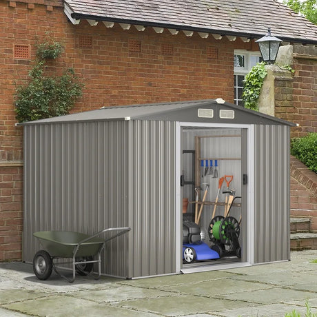 Galvanized steel tool shed with foundation &amp; double doors &amp; ramp 260 x 207 x 180 cm grey
